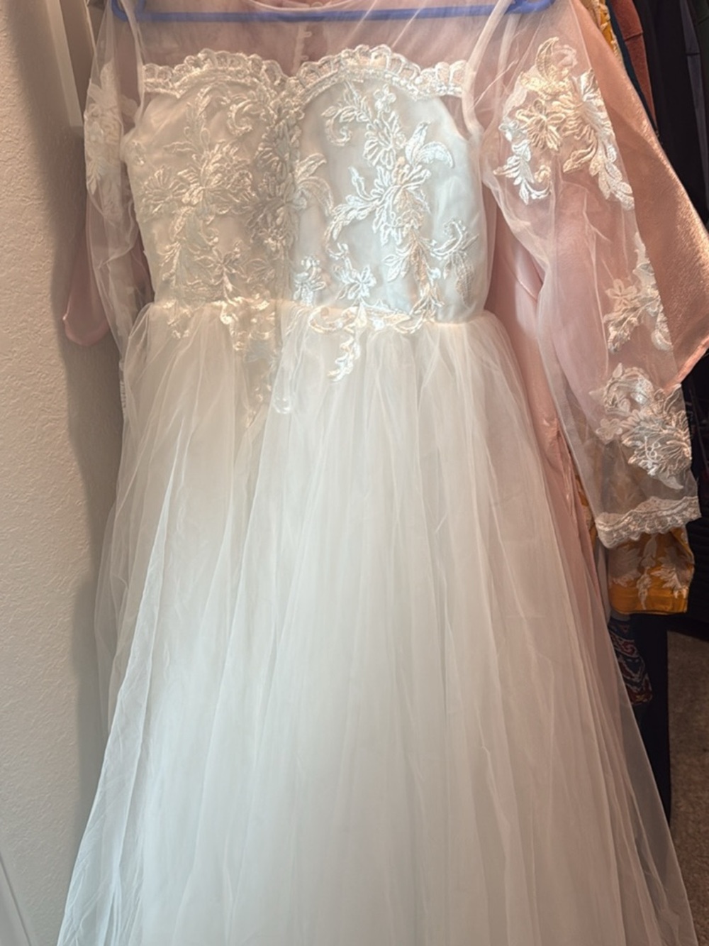 Girls White Lace Tulle Dress with Sheer Long Sleeves